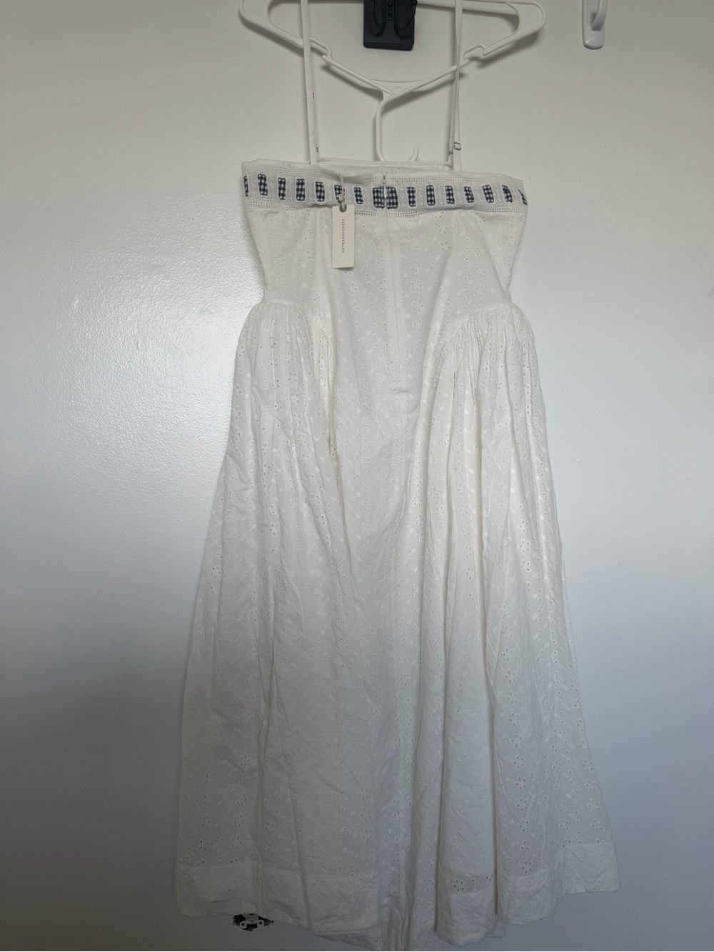 For Love & Lemons White Eyelet Strapless Sundress with Gingham Tie - Picture 2 of 3